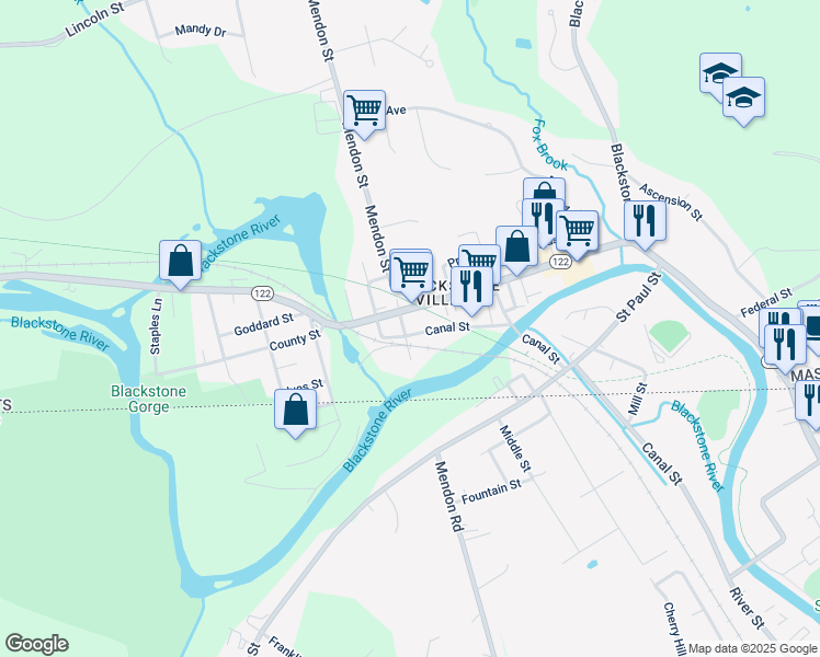 map of restaurants, bars, coffee shops, grocery stores, and more near 118 Canal Street in Blackstone