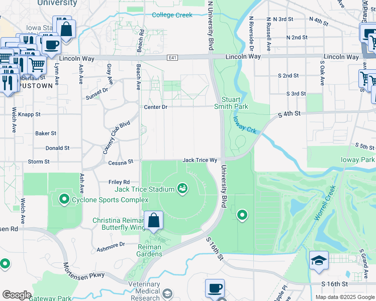 map of restaurants, bars, coffee shops, grocery stores, and more near in Ames