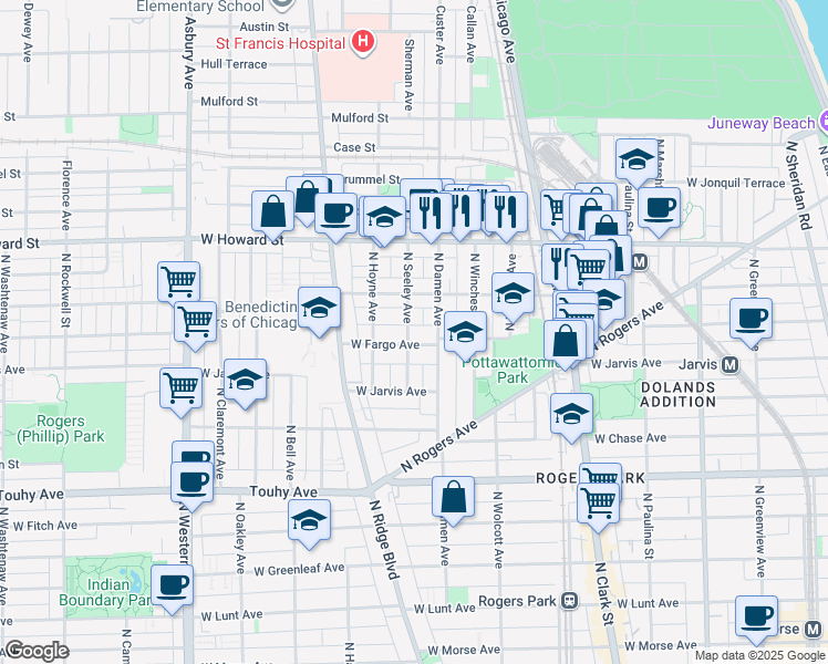 map of restaurants, bars, coffee shops, grocery stores, and more near 7431 North Seeley Avenue in Chicago