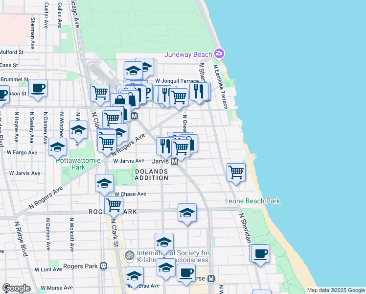 map of restaurants, bars, coffee shops, grocery stores, and more near 1503 West Fargo Avenue in Chicago