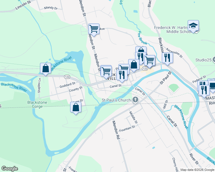 map of restaurants, bars, coffee shops, grocery stores, and more near 118 Canal Street in Blackstone