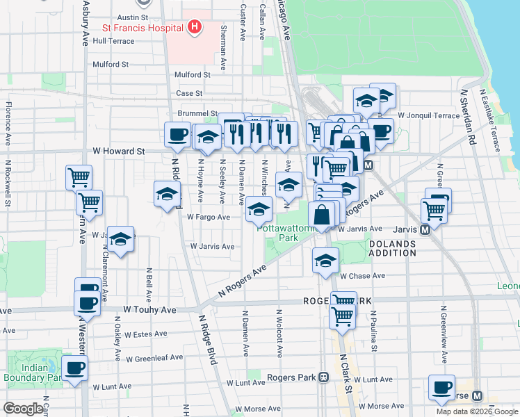 map of restaurants, bars, coffee shops, grocery stores, and more near 7384 North Winchester Avenue in Chicago