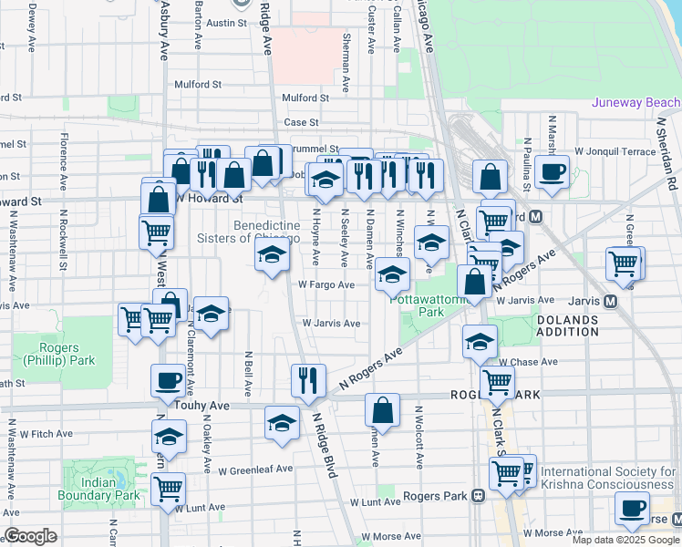 map of restaurants, bars, coffee shops, grocery stores, and more near 2055 West Fargo Avenue in Chicago