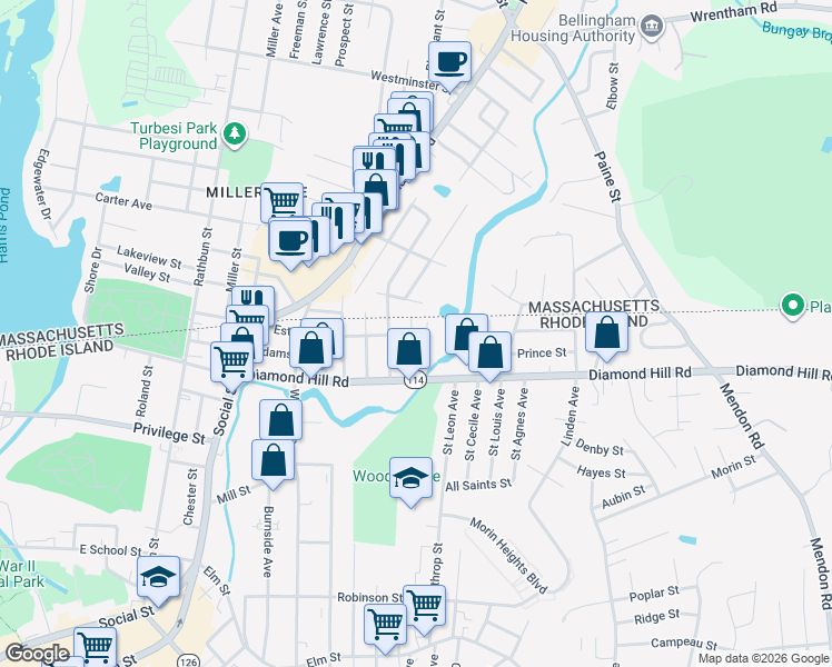 map of restaurants, bars, coffee shops, grocery stores, and more near 103 Fulton Street in Woonsocket