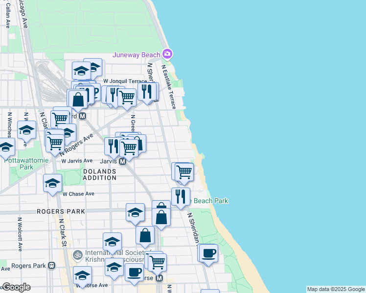 map of restaurants, bars, coffee shops, grocery stores, and more near 1325 West Fargo Avenue in Chicago