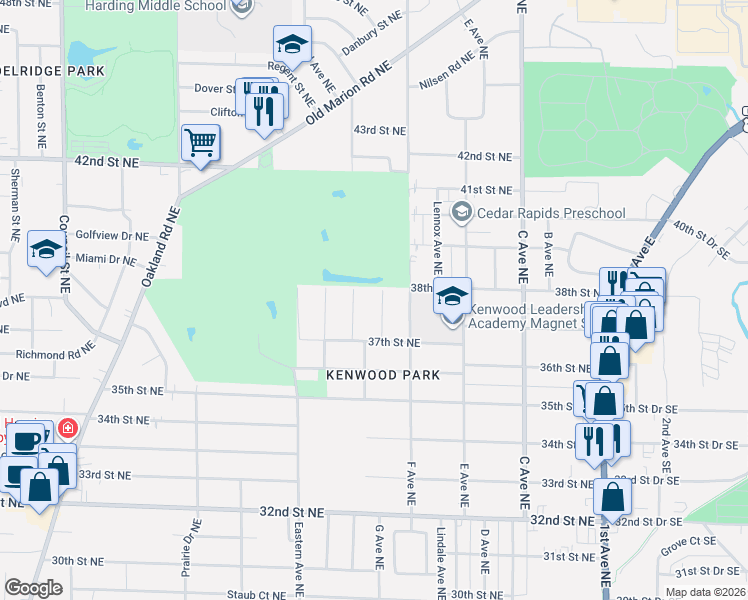 map of restaurants, bars, coffee shops, grocery stores, and more near 3729 G Avenue Northeast in Cedar Rapids