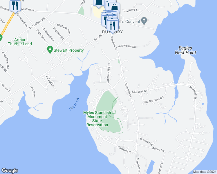 map of restaurants, bars, coffee shops, grocery stores, and more near 80 Captains Hill Road in Duxbury