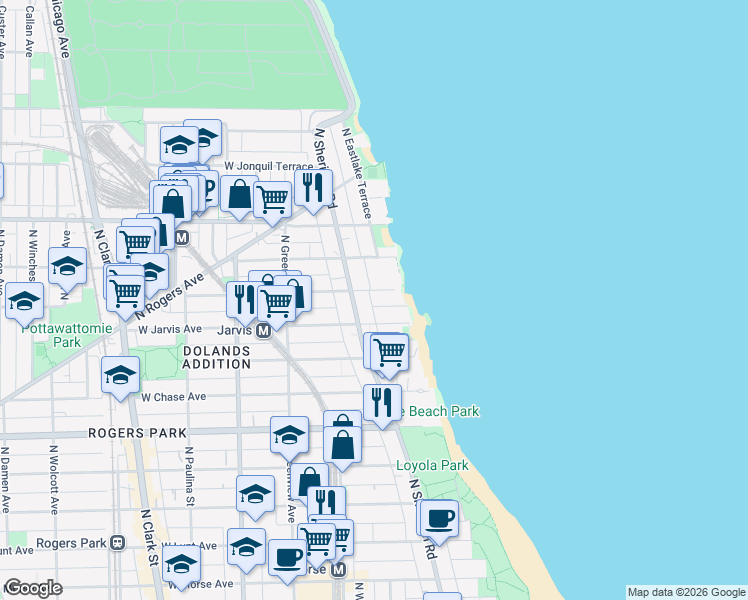 map of restaurants, bars, coffee shops, grocery stores, and more near 7409 North Sheridan Road in Chicago