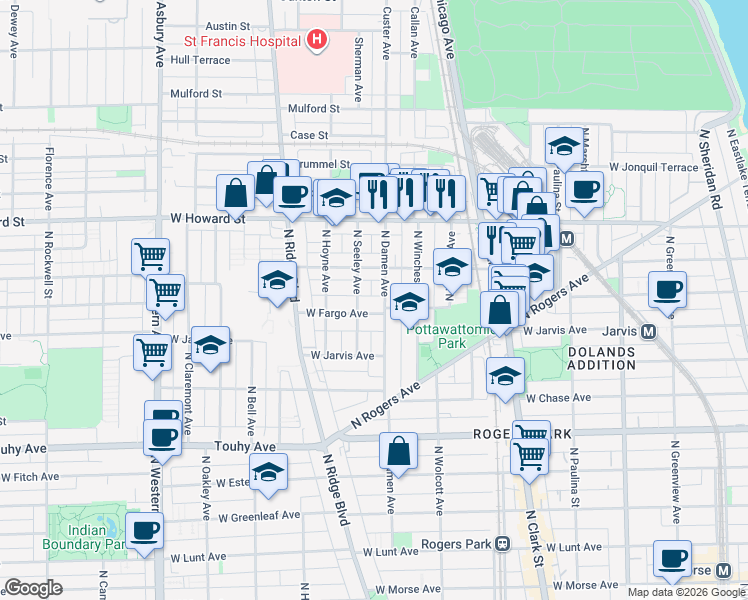 map of restaurants, bars, coffee shops, grocery stores, and more near 2002 West Fargo Avenue in Chicago