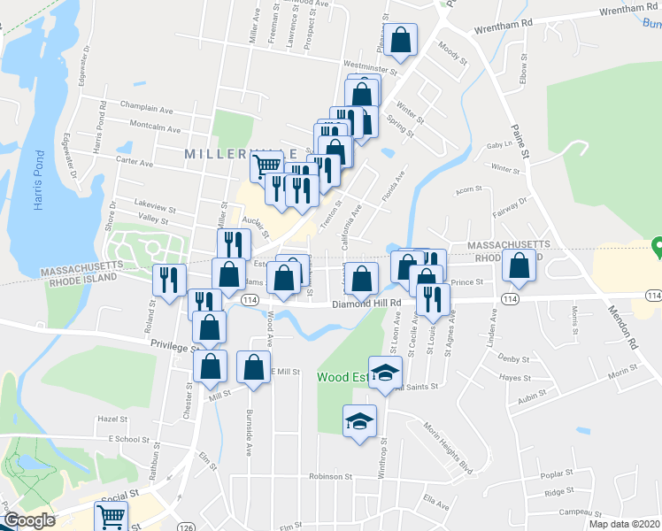 map of restaurants, bars, coffee shops, grocery stores, and more near 59 Dewey Street in Woonsocket