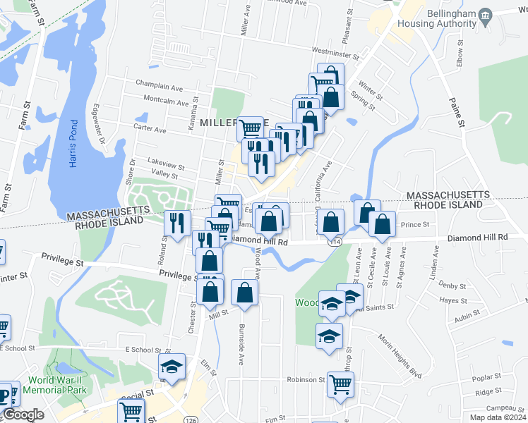map of restaurants, bars, coffee shops, grocery stores, and more near 250 Adams Street in Woonsocket