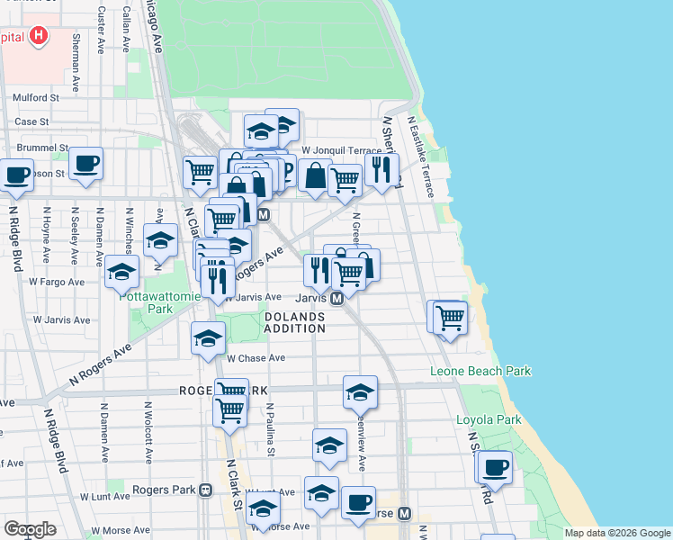 map of restaurants, bars, coffee shops, grocery stores, and more near 1524 West Jarvis Avenue in Chicago