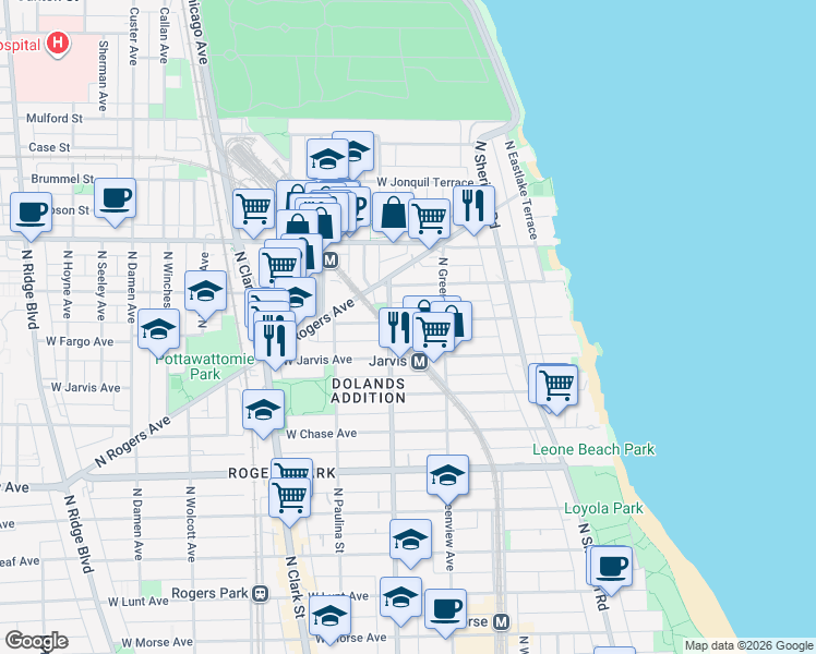 map of restaurants, bars, coffee shops, grocery stores, and more near 1524 West Jarvis Avenue in Chicago