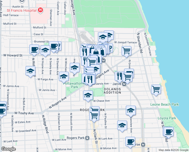 map of restaurants, bars, coffee shops, grocery stores, and more near 7441 North Rogers Avenue in Chicago