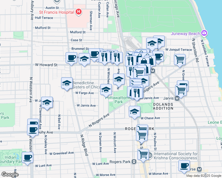 map of restaurants, bars, coffee shops, grocery stores, and more near 7304 North Wolcott Avenue in Chicago