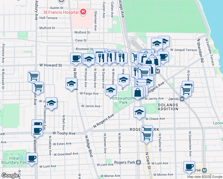 map of restaurants, bars, coffee shops, grocery stores, and more near 7384 North Winchester Avenue in Chicago