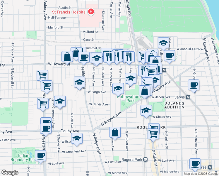 map of restaurants, bars, coffee shops, grocery stores, and more near 2002 West Fargo Avenue in Chicago