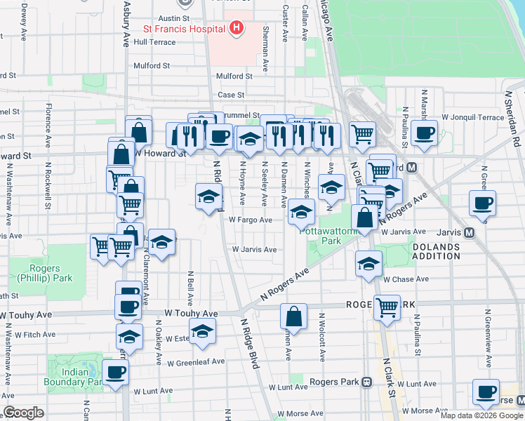 map of restaurants, bars, coffee shops, grocery stores, and more near 2055 West Fargo Avenue in Chicago