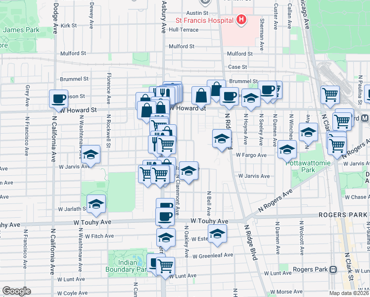 map of restaurants, bars, coffee shops, grocery stores, and more near 7429 North Claremont Avenue in Chicago