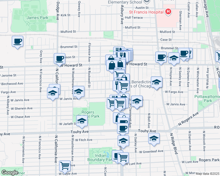 map of restaurants, bars, coffee shops, grocery stores, and more near 2433 West Fargo Avenue in Chicago