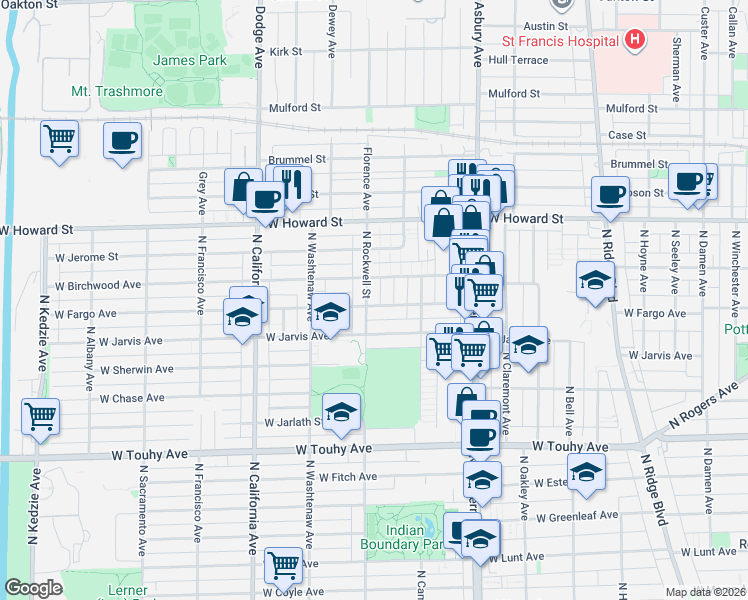 map of restaurants, bars, coffee shops, grocery stores, and more near 2549 West Fargo Avenue in Chicago