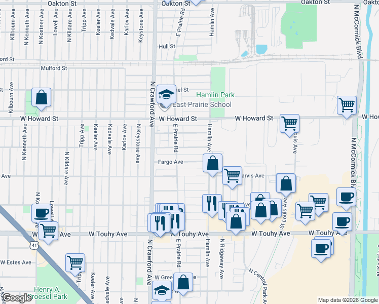 map of restaurants, bars, coffee shops, grocery stores, and more near 3866 Fargo Avenue in Skokie