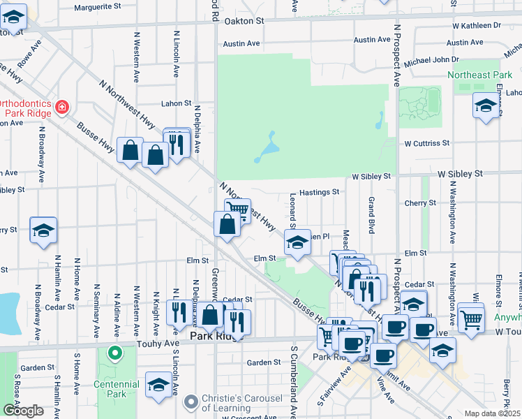 map of restaurants, bars, coffee shops, grocery stores, and more near 445 North Northwest Highway in Park Ridge