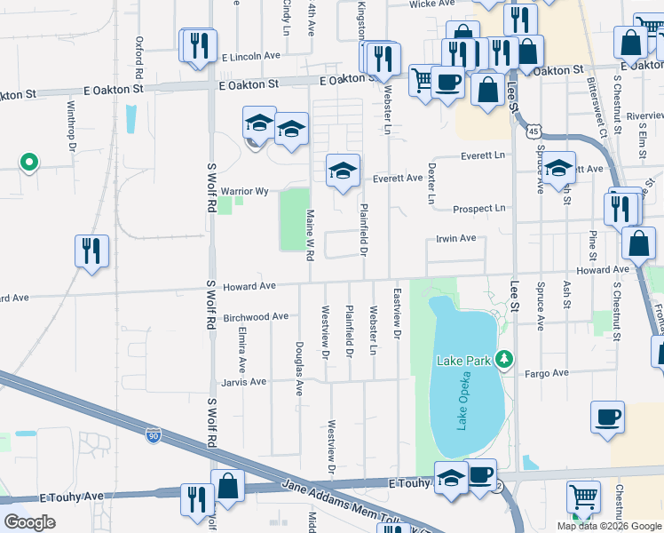 map of restaurants, bars, coffee shops, grocery stores, and more near 816 Howard Avenue in Des Plaines