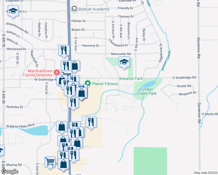 map of restaurants, bars, coffee shops, grocery stores, and more near 200-300 Plaza Heights Road in Marshalltown
