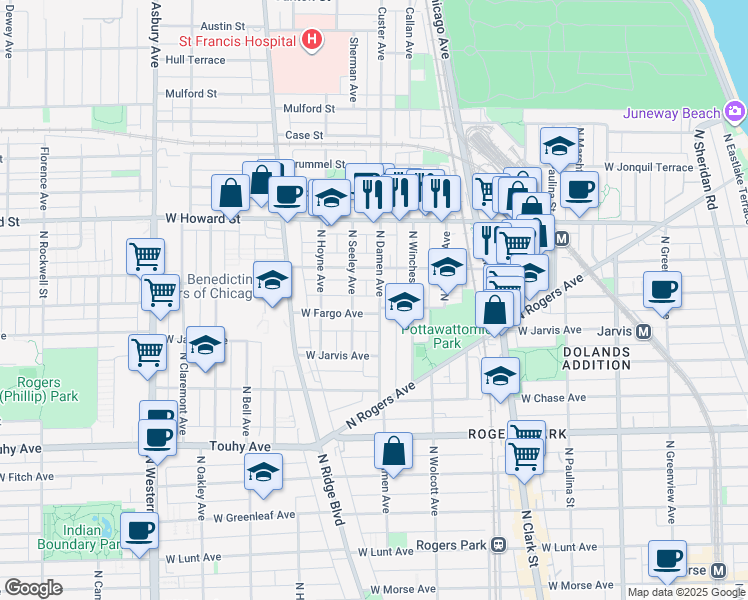 map of restaurants, bars, coffee shops, grocery stores, and more near 2002 West Fargo Avenue in Chicago