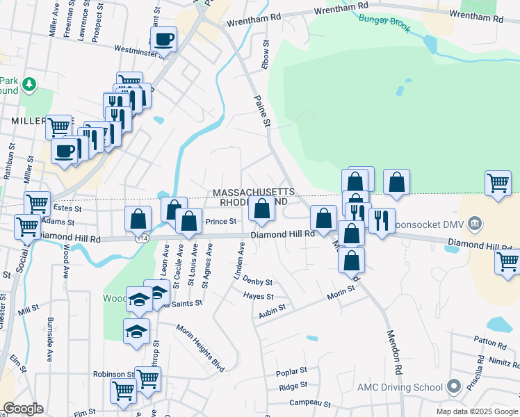 map of restaurants, bars, coffee shops, grocery stores, and more near 4 Benelli Street in Woonsocket