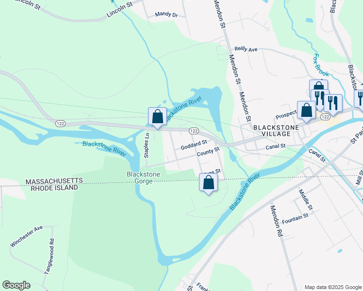 map of restaurants, bars, coffee shops, grocery stores, and more near 25 Goddard Street in Blackstone