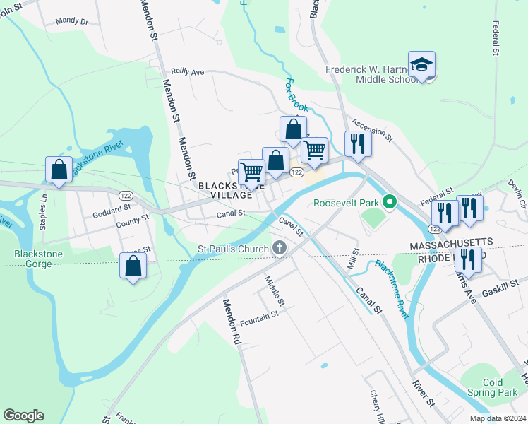 map of restaurants, bars, coffee shops, grocery stores, and more near 97 Canal Street in Blackstone