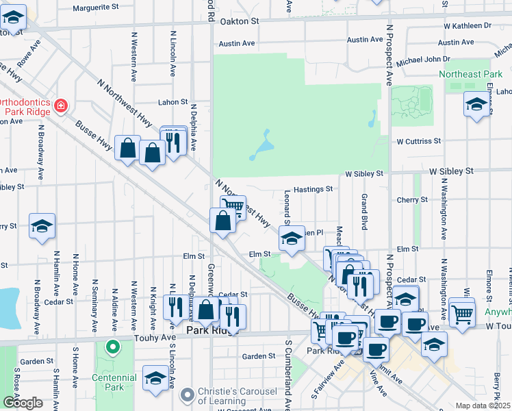 map of restaurants, bars, coffee shops, grocery stores, and more near 445 North Northwest Highway in Park Ridge