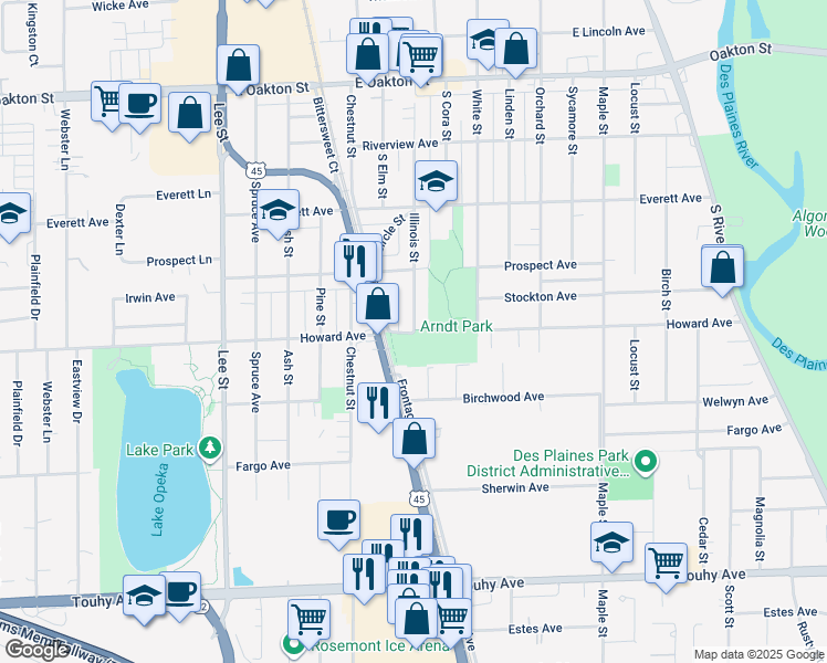 map of restaurants, bars, coffee shops, grocery stores, and more near 1499 Howard Avenue in Des Plaines