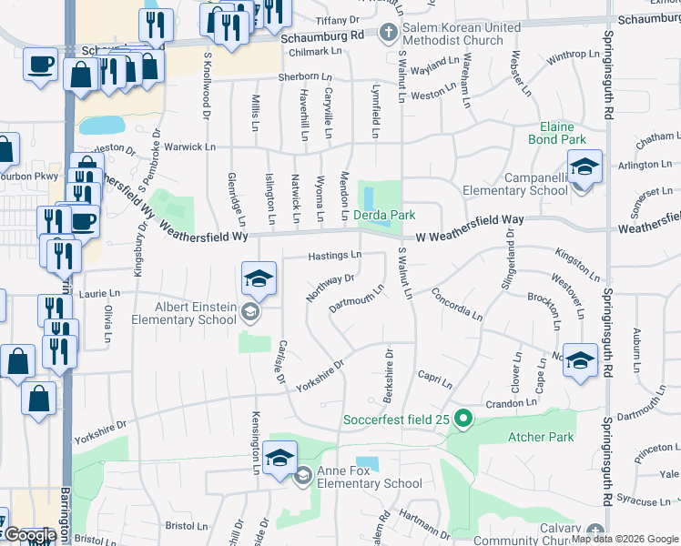 map of restaurants, bars, coffee shops, grocery stores, and more near 8147 Northway Drive in Hanover Park