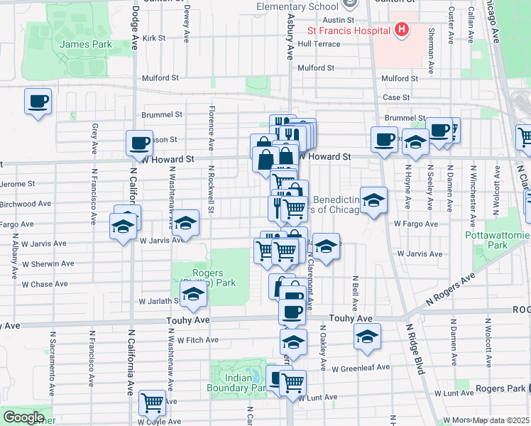 map of restaurants, bars, coffee shops, grocery stores, and more near 7434 North Artesian Avenue in Chicago