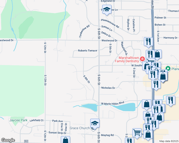 map of restaurants, bars, coffee shops, grocery stores, and more near 704 West Southridge Road in Marshalltown