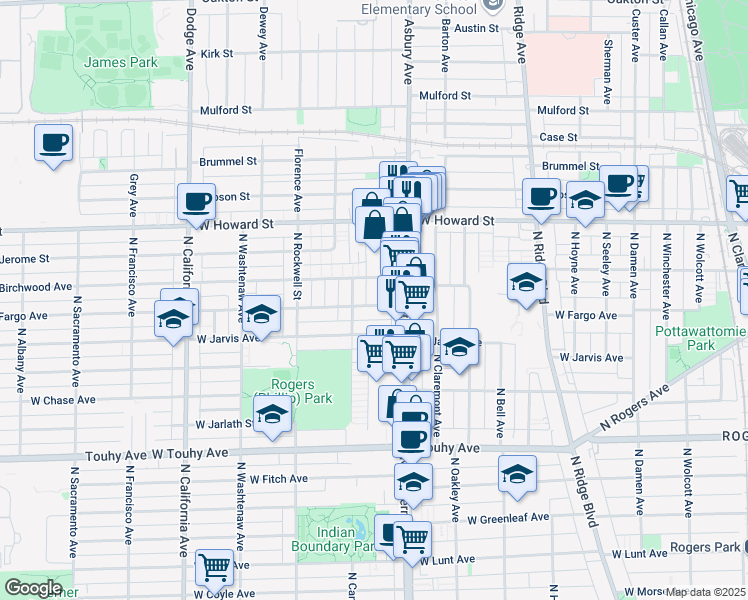 map of restaurants, bars, coffee shops, grocery stores, and more near 2433 West Fargo Avenue in Chicago
