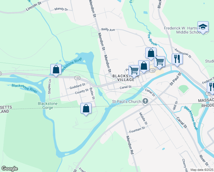 map of restaurants, bars, coffee shops, grocery stores, and more near 9 Church Street in Blackstone