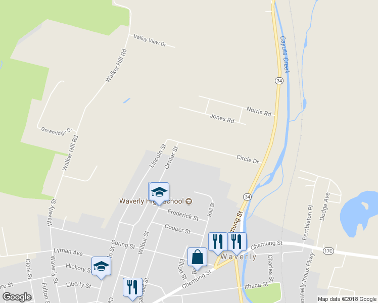 map of restaurants, bars, coffee shops, grocery stores, and more near 12 Circle Drive in Waverly