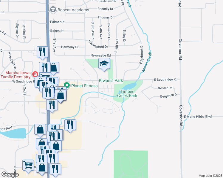 map of restaurants, bars, coffee shops, grocery stores, and more near 403 Melody Lane in Marshalltown