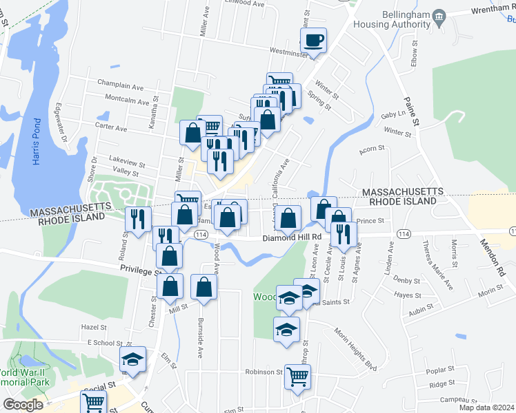 map of restaurants, bars, coffee shops, grocery stores, and more near 224 Estes Street in Woonsocket