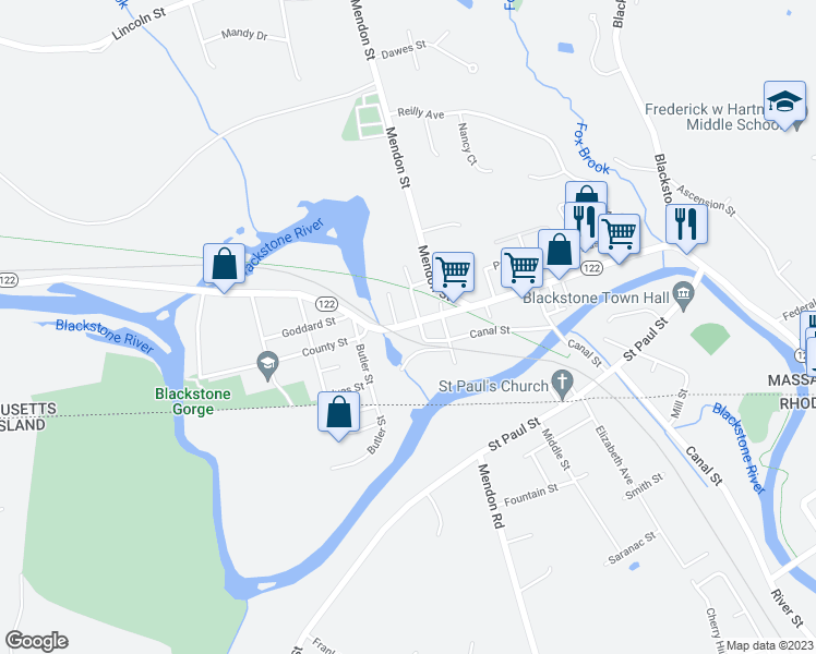map of restaurants, bars, coffee shops, grocery stores, and more near 221 Main Street in Blackstone