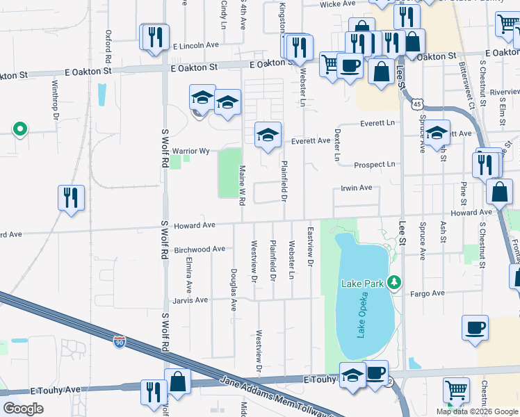 map of restaurants, bars, coffee shops, grocery stores, and more near 805 South Tures Lane in Des Plaines