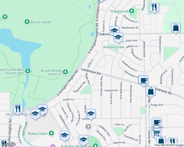 map of restaurants, bars, coffee shops, grocery stores, and more near 309 Landmeier Road in Elk Grove Village