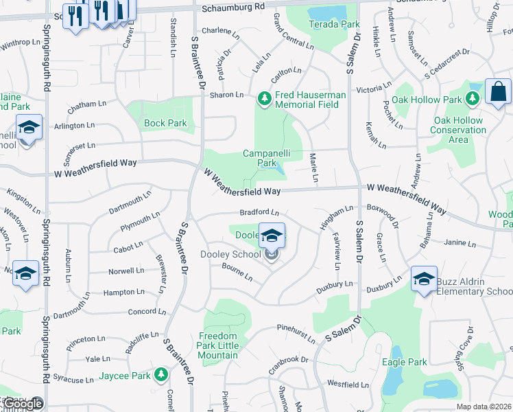 map of restaurants, bars, coffee shops, grocery stores, and more near 1017 Bradford Lane in Schaumburg