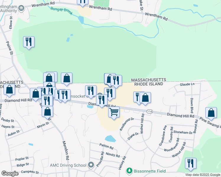 map of restaurants, bars, coffee shops, grocery stores, and more near 2000 Diamond Hill Road in Woonsocket