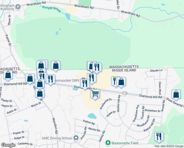 map of restaurants, bars, coffee shops, grocery stores, and more near 2000 Diamond Hill Road in Woonsocket