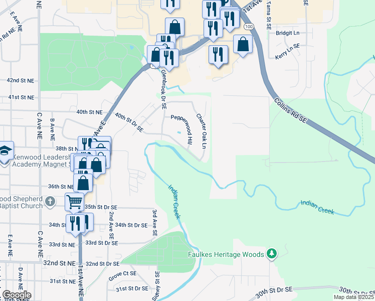 map of restaurants, bars, coffee shops, grocery stores, and more near 401 40th Street Drive Southeast in Cedar Rapids